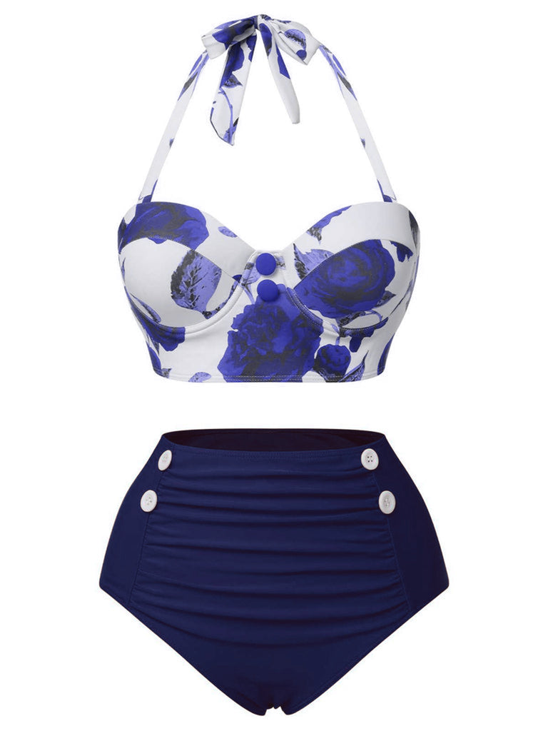 2PCS 1960s Roses Halter Swimsuit & Skirt Cover-Up — 1960s poolside glamour meets sun-drenched confidence
