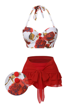 She's wearing 2PCS 1960s Roses Halter Swimsuit & Skirt Cover-Up and the whole beach remembers the 1960s