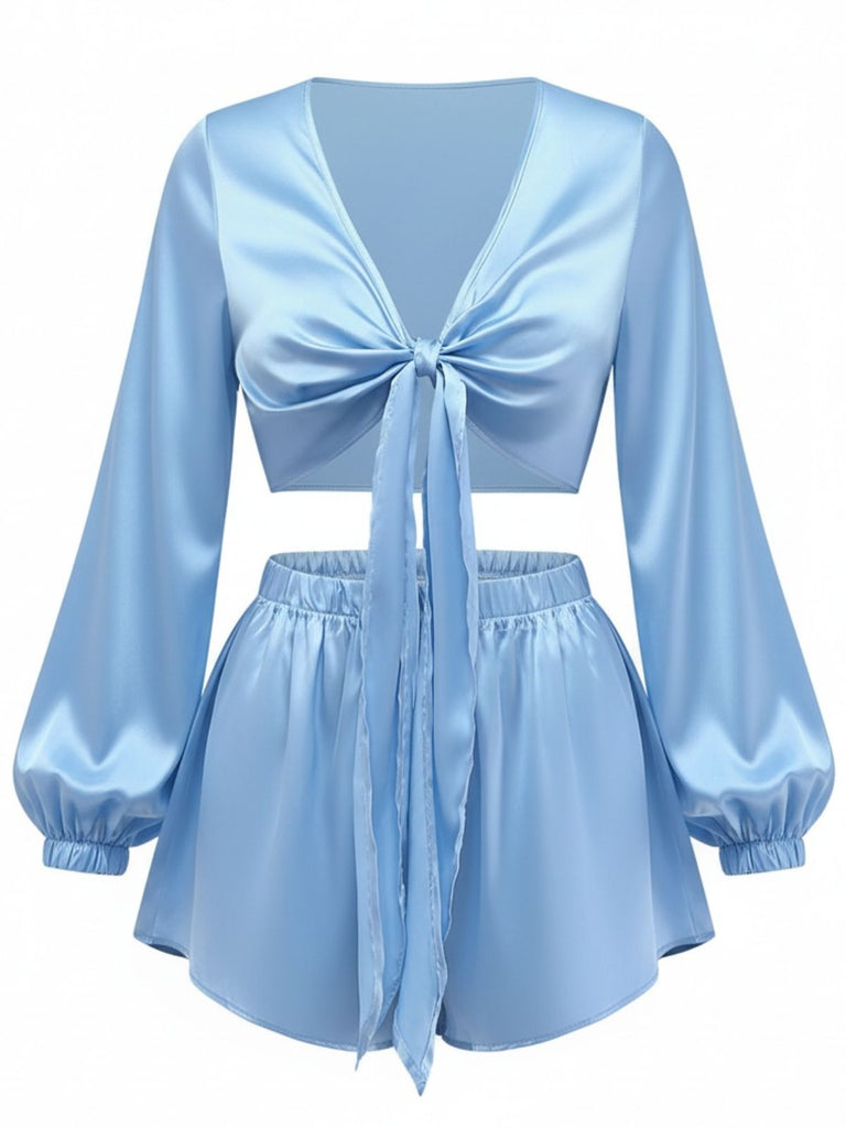 2PCS 1960s Satin Tie-Front Crop Top & Shorts - vintage fashion, retro style