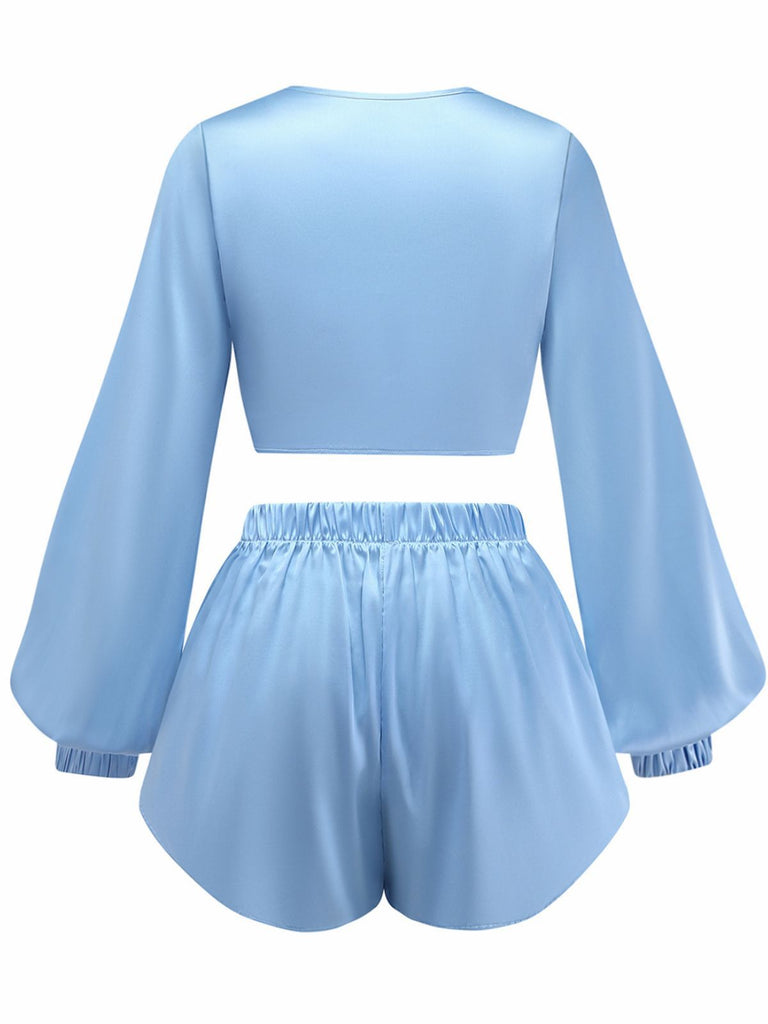 2PCS 1960s Satin Tie-Front Crop Top & Shorts - vintage fashion, retro style