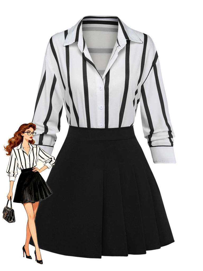 2PCS 1960s Striped Shirt & Asymmetric Pleated Skirt, vintage skirt, retro style - perfect for women who love vintage and retro fashion