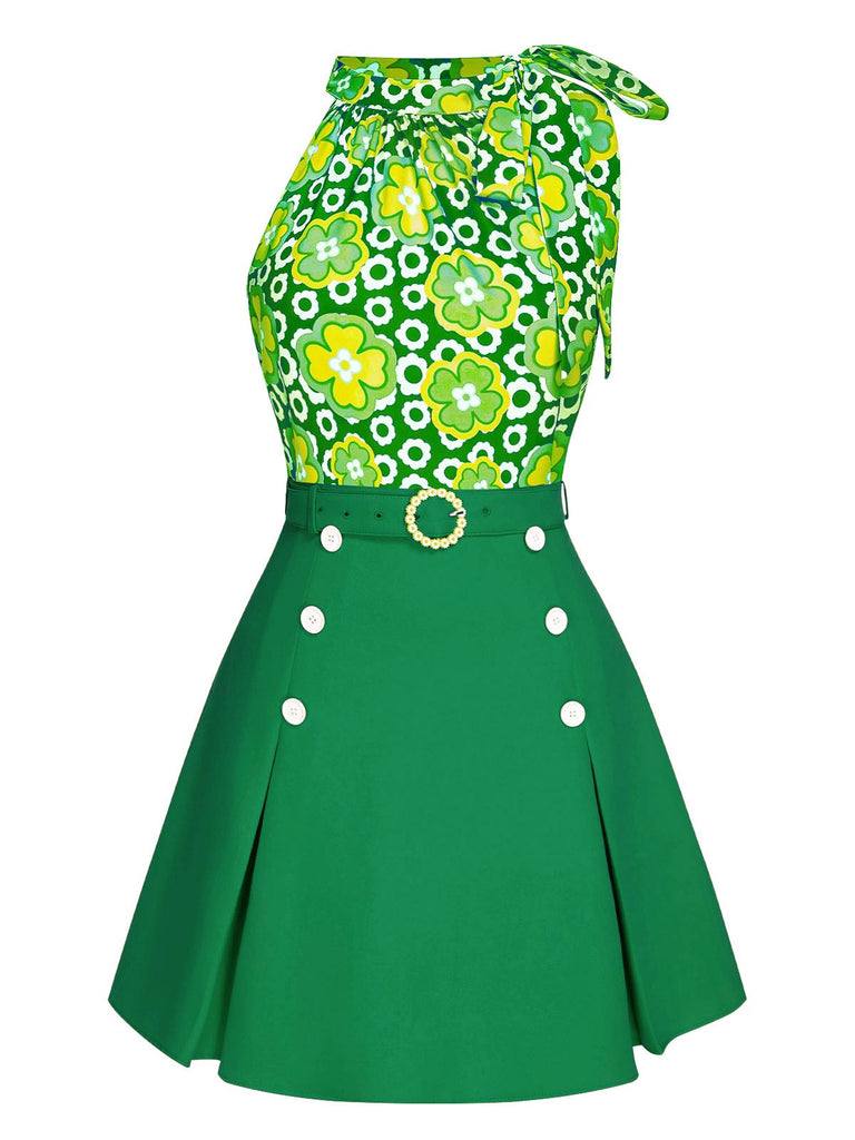 This 2PCS 1960s Tie Neck Floral Top & Button Solid Skirt brings 1960s soul to her everyday