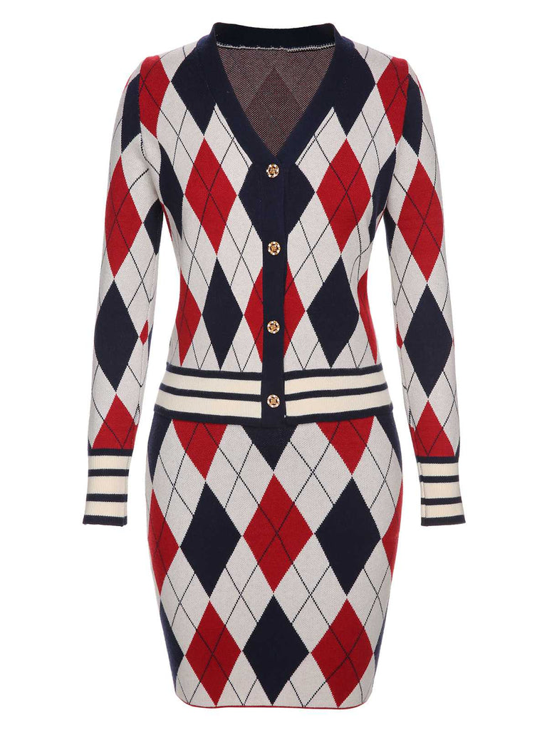 She sways in this 2PCS 1960s V-Neck Plaids Knitted Cardigan & Skirt and it's pure 1960s magic