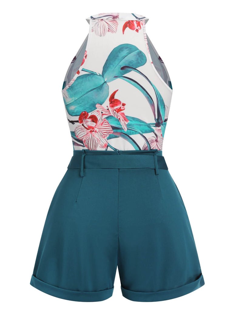 2PCS 1970s Floral Crewl Halter Top & Shorts With Belt, vintage top, retro blouse - perfect for women who love vintage and retro fashion
