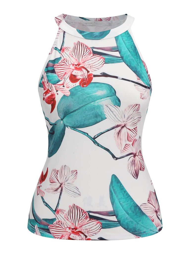 2PCS 1970s Floral Crewl Halter Top & Shorts With Belt, vintage top, retro blouse - perfect for women who love vintage and retro fashion