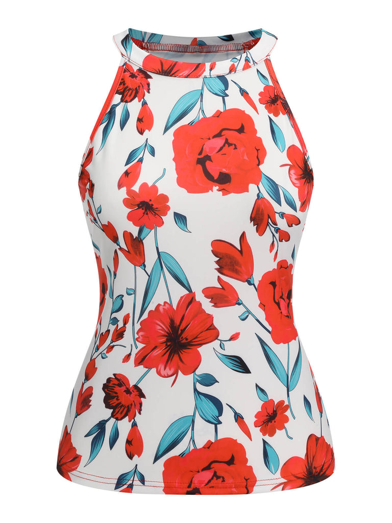 2PCS 1970s Floral Crewl Halter Top & Shorts With Belt, vintage top, retro blouse - perfect for women who love vintage and retro fashion