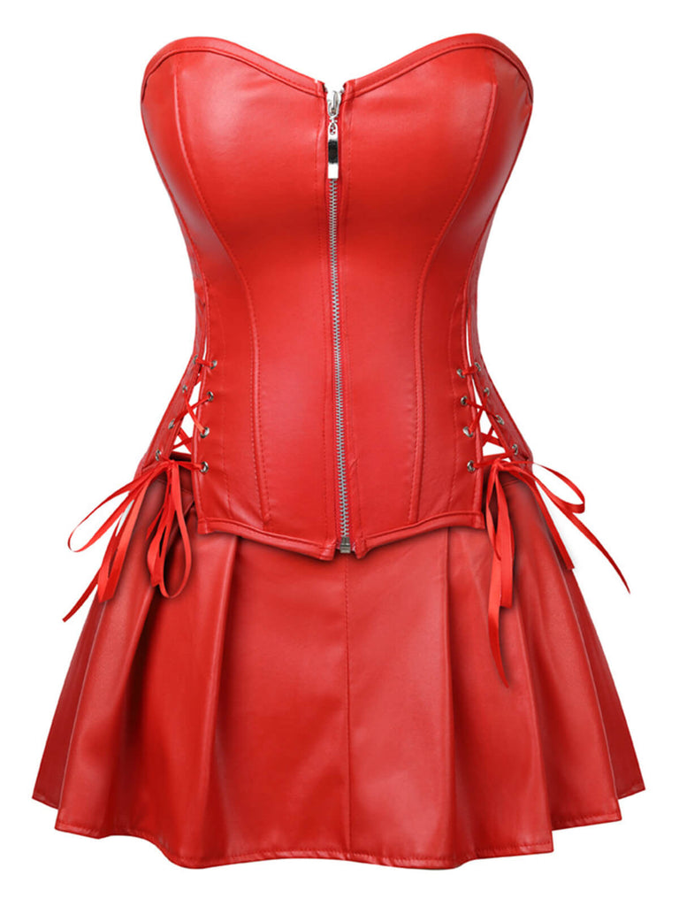 2PCS 1970s Gothic Faux Leather Bandeau Corset & Skirt — 1970s femininity that moves with her mood