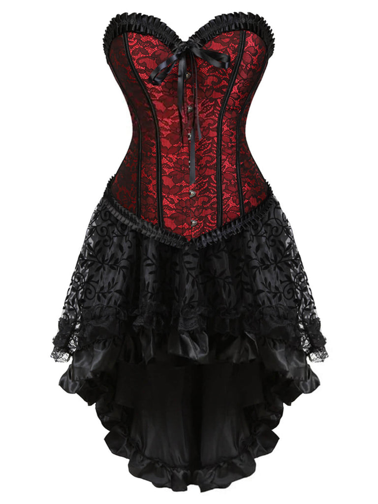 2PCS 1970s Steampunk Lace Corset & High Low Skirt: 1970s grace for the woman who dances through life
