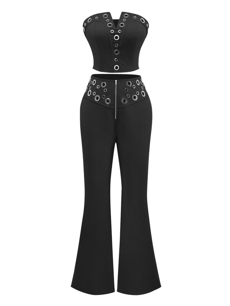 2PCS 1970s Strapless Metal Buckle Punk Top & Pants - vintage fashion, retro style