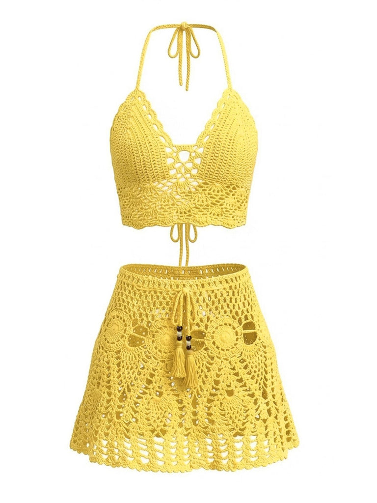 2PCS 1980s Solid Crochet Cover Up Set, bohemian cover up, beach wear - perfect for women who love vintage and retro fashion