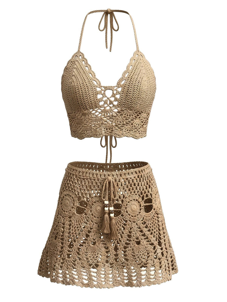 2PCS 1980s Solid Crochet Cover Up Set, bohemian cover up, beach wear - perfect for women who love vintage and retro fashion