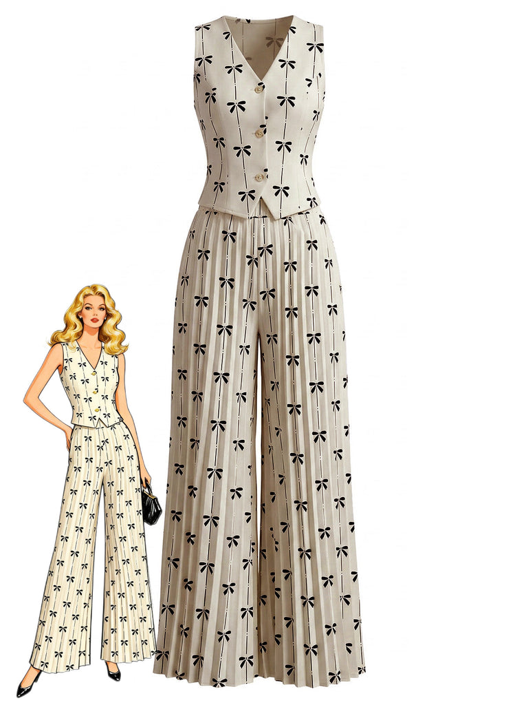 2PCS Beige 1940s Bow Sleeveless Vest & Pleated Pants - vintage fashion, retro style for vintage lovers