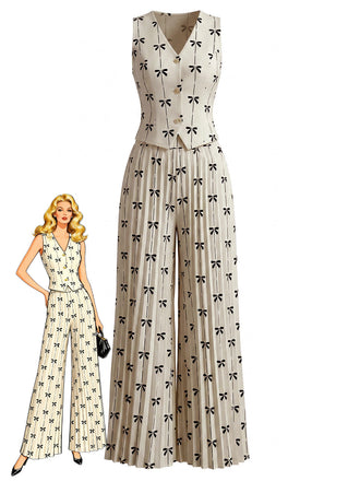 2PCS Beige 1940s Bow Sleeveless Vest & Pleated Pants - vintage fashion, retro style for vintage lovers