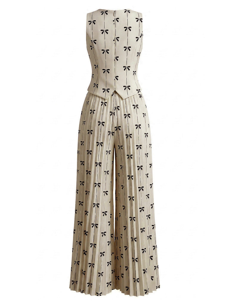 2PCS Beige 1940s Bow Sleeveless Vest & Pleated Pants - vintage fashion, retro style for vintage lovers