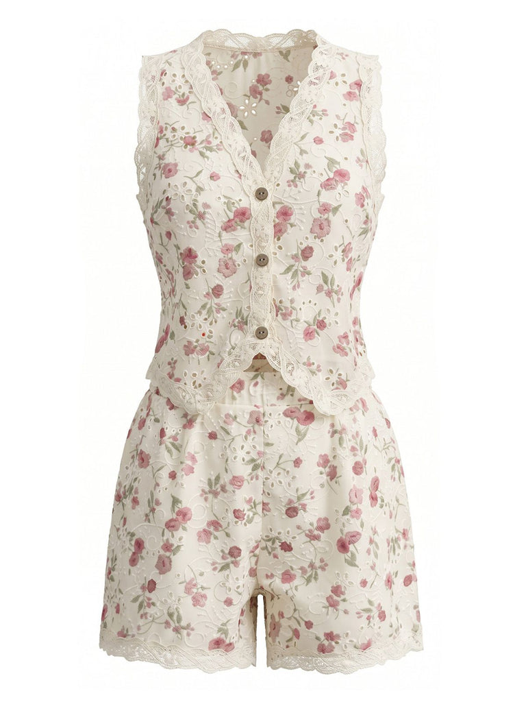 2PCS Beige 1940s Ditsy Floral Lace Patchwork Top & Shorts