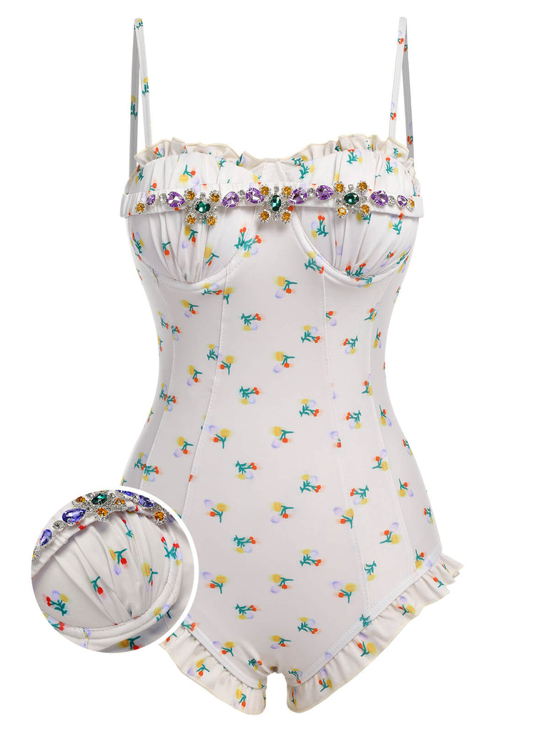 2PCS Beige 1950s Floral One-Piece Swimsuit & Skirt: 1950s Riviera elegance, reimagined for her