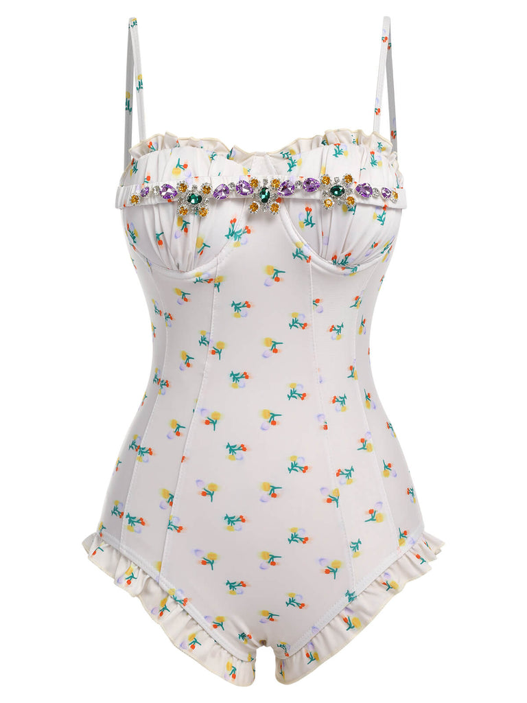 This 2PCS Beige 1950s Floral One-Piece Swimsuit & Skirt carries 1950s vacation dreams in every stitch