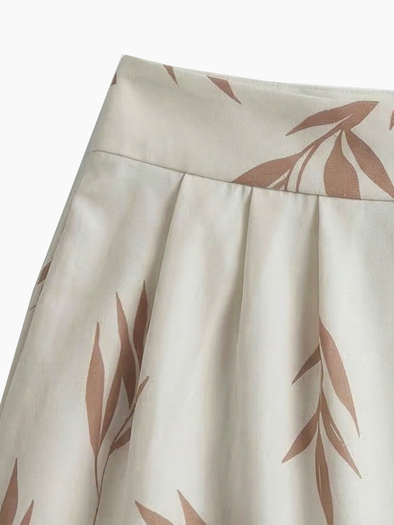 2PCS Beige 1970s Leaf Print Halter Top & Wide-Leg Pants - vintage blouse, retro top, classic style for vintage lovers