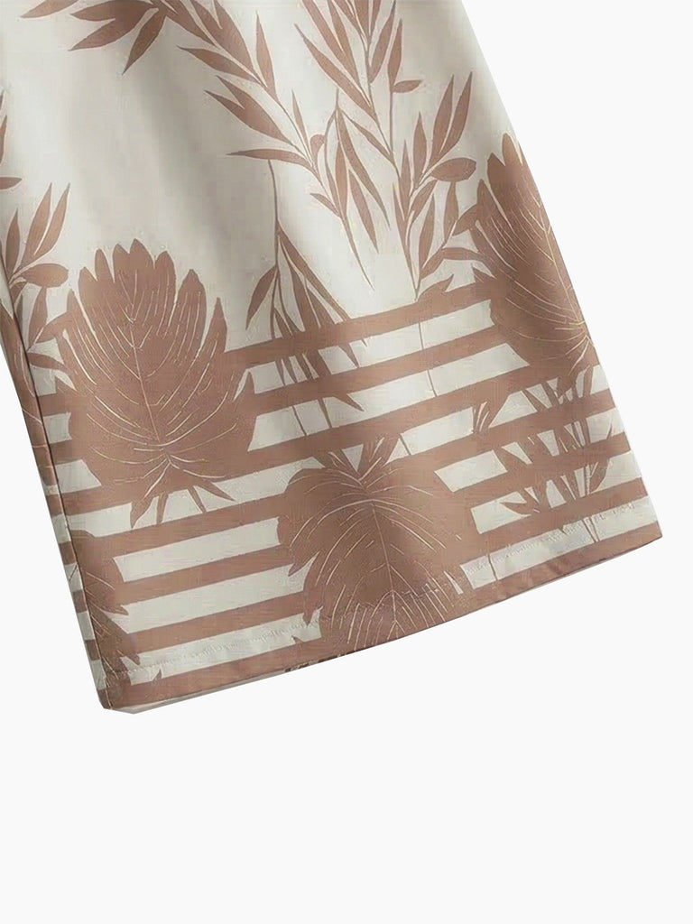 2PCS Beige 1970s Leaf Print Halter Top & Wide-Leg Pants: beautiful vintage blouse, retro top, classic style with timeless appeal