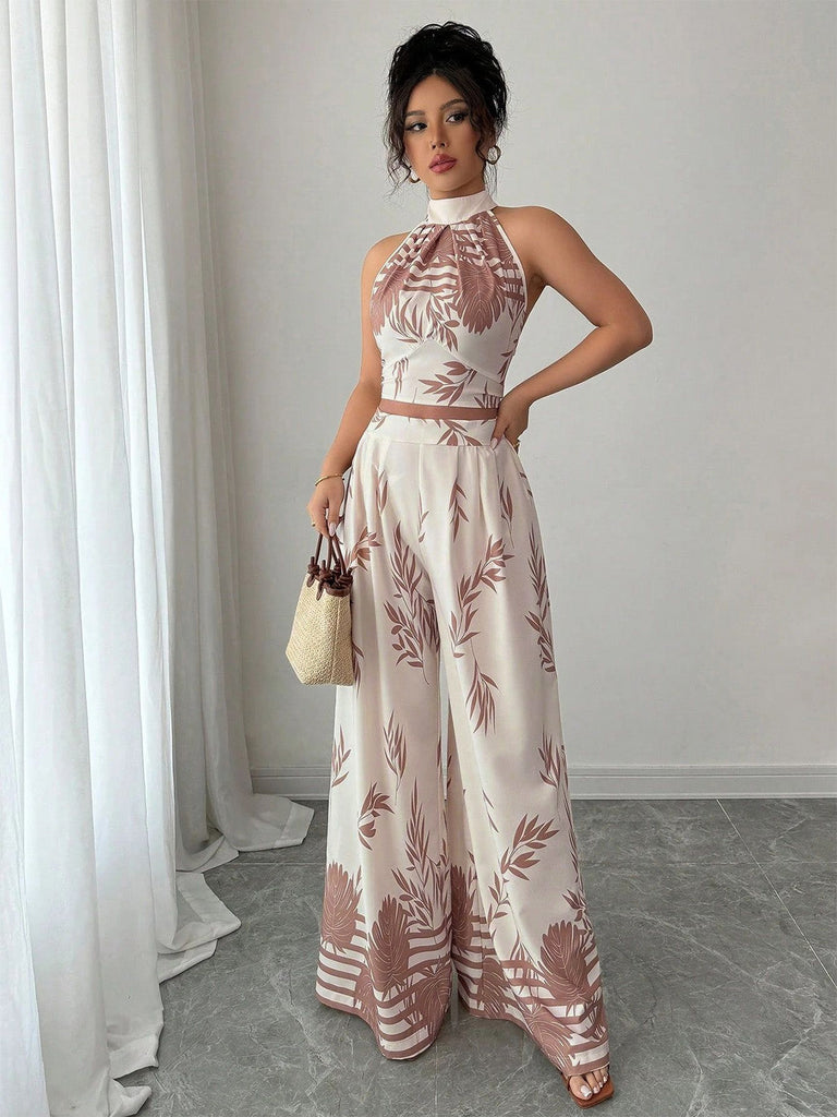 2PCS Beige 1970s Leaf Print Halter Top & Wide-Leg Pants | vintage blouse, retro top, classic style - perfect for retro fashion enthusiasts