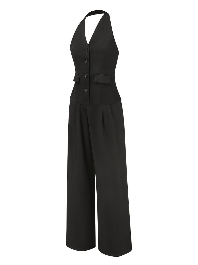 This 2PCS Black 1930s Halter Vest Top & Wide Leg Pants brings 1930s soul to her everyday