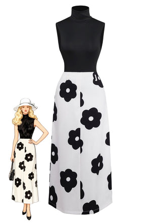 2PCS Black 1930s Turtleneck Top & Floral Skirt - vintage skirt, retro style, classic black