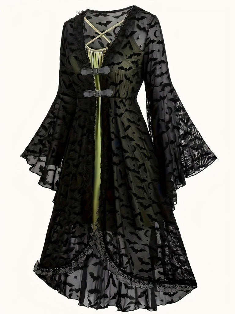 2PCS Black 1940s Bat Mesh Outwear & Green Dress - vintage dress, retro fashion, classic black