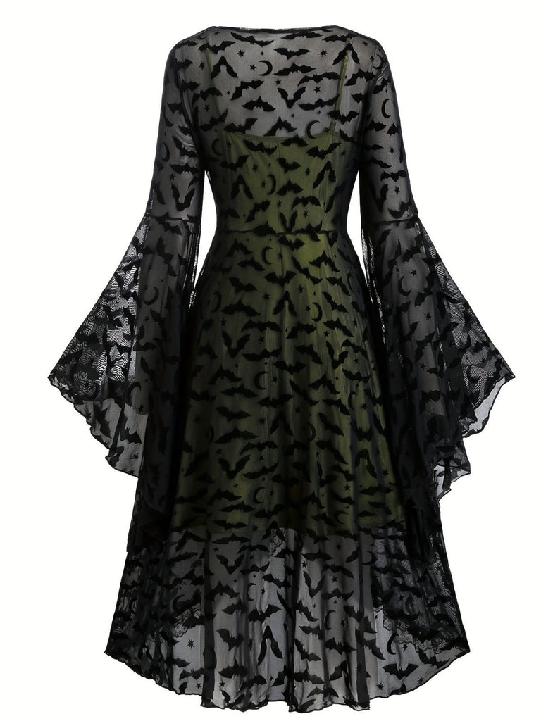 2PCS Black 1940s Bat Mesh Outwear & Green Dress - vintage dress, retro fashion, classic black