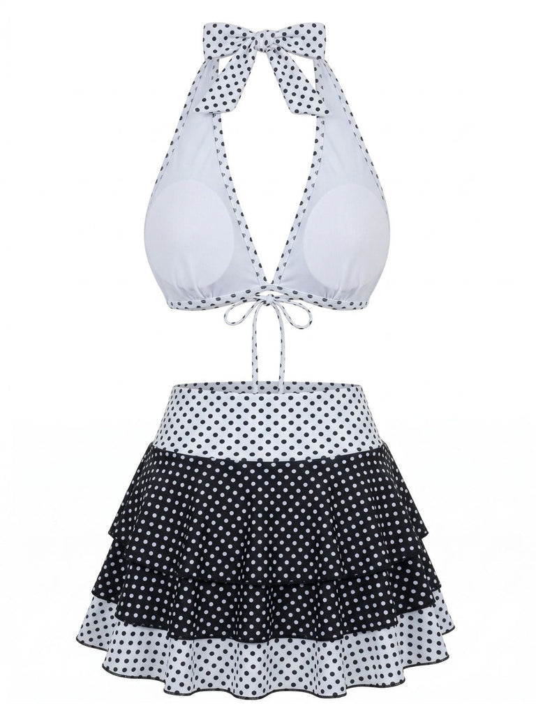 2PCS Black 1940s Polka Dot Halter Bikini Set & Cover-Up - vintage swimsuit, pin-up swimwear for vintage lovers