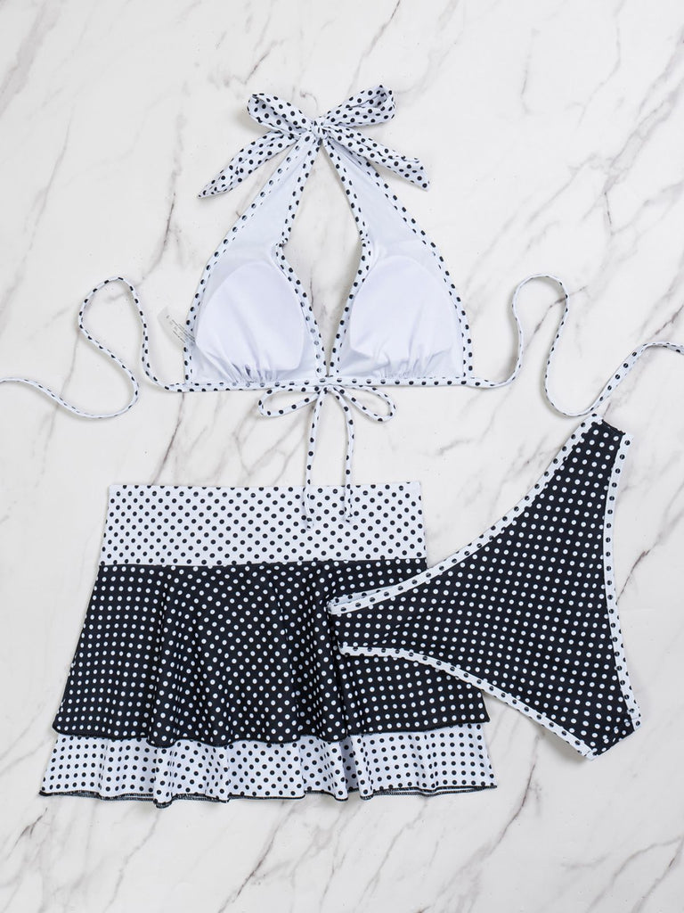 2PCS Black 1940s Polka Dot Halter Bikini Set & Cover-Up - vintage swimsuit, pin-up swimwear for vintage lovers
