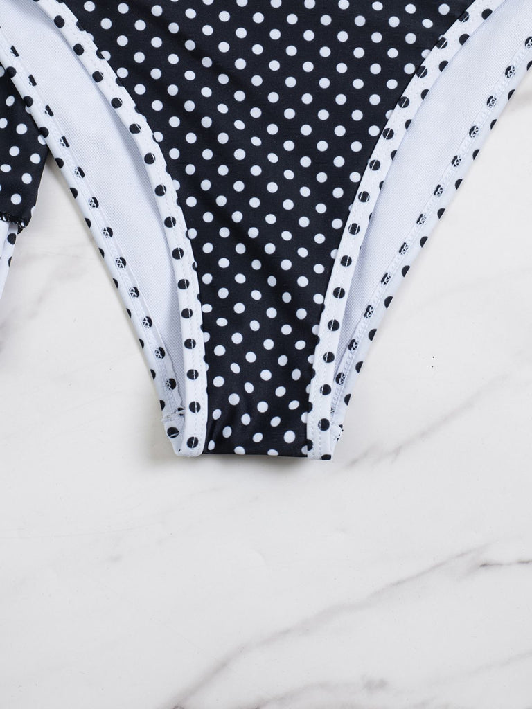 2PCS Black 1940s Polka Dot Halter Bikini Set & Cover-Up - vintage swimsuit, pin-up swimwear for vintage lovers