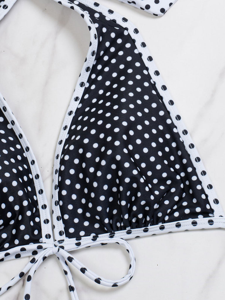 2PCS Black 1940s Polka Dot Halter Bikini Set & Cover-Up - vintage swimsuit, pin-up swimwear for vintage lovers