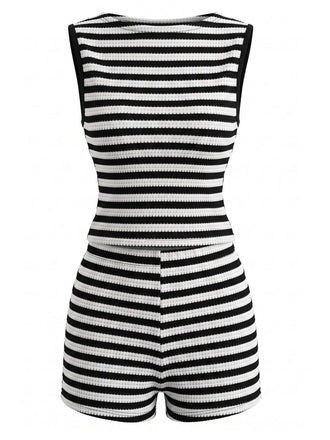 2PCS Black 1940s Striped Sleeveless Top & Hight Waist Shorts, vintage top, retro blouse - perfect for women who love vintage and retro fashion