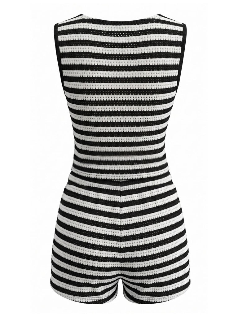 2PCS Black 1940s Striped Sleeveless Top & Hight Waist Shorts, vintage top, retro blouse - perfect for women who love vintage and retro fashion