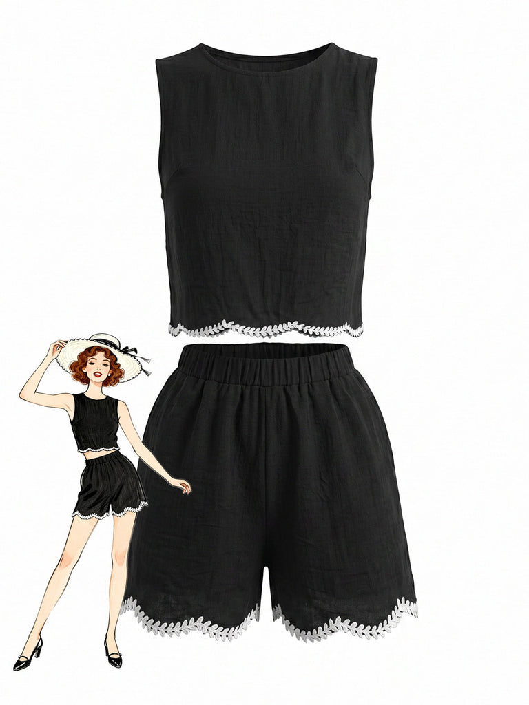 Black 1950s Round Neck Shorts Set, vintage fashion, retro style - perfect for women who love vintage and retro fashion