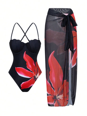 2PCS Black 1950s Floral Swimsuit & Cover-Up - vintage swimsuit, pin-up style, classic black