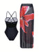 2PCS Black 1950s Floral Swimsuit & Cover-Up - vintage swimsuit, pin-up style, classic black