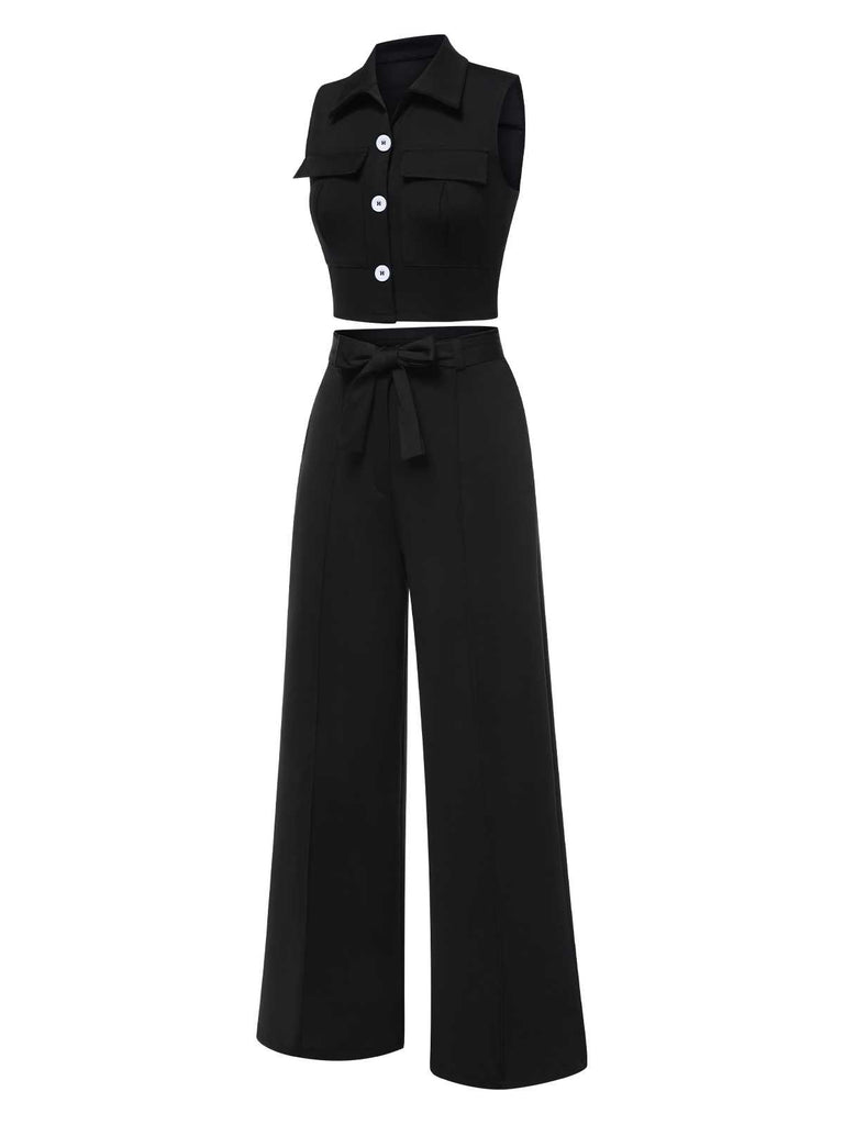 2PCS Black 1960s Lapel Sleeveless Vest & Pants: 1960s power dressing, reimagined
