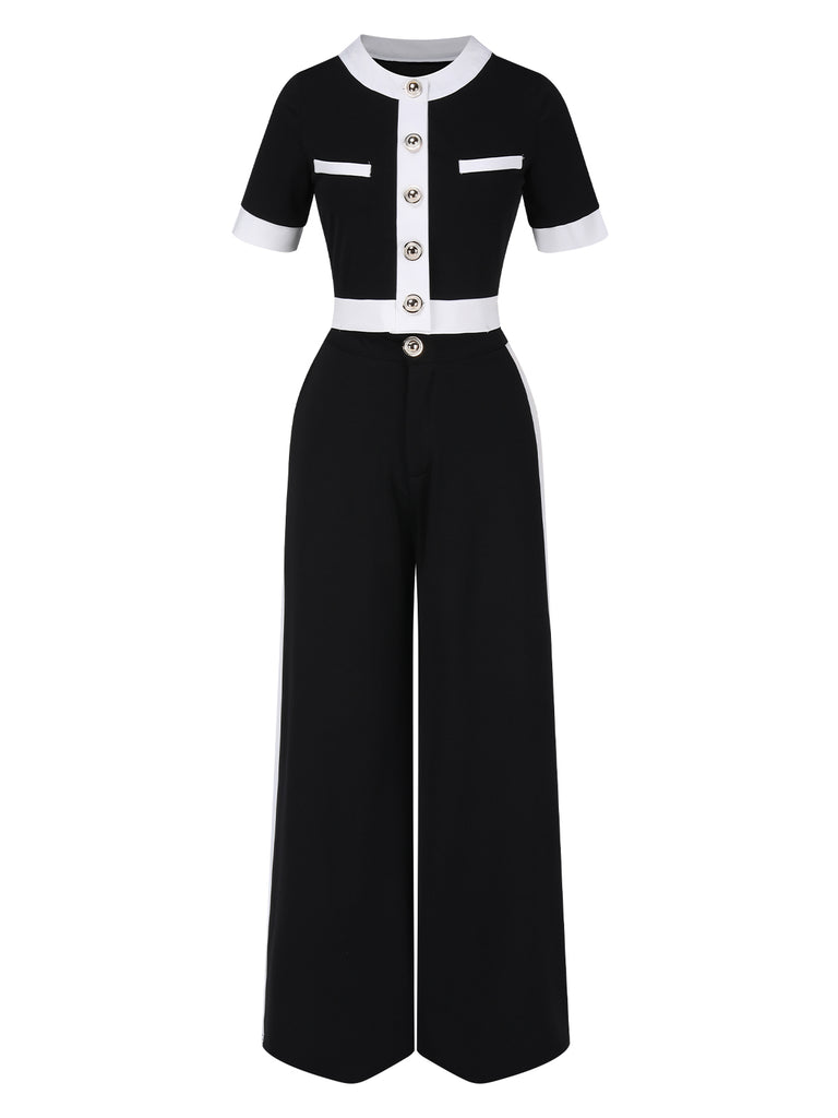 2PCS Black 1960s Solid Buttoned Top & Pants, vintage top, retro blouse - perfect for women who love vintage and retro fashion