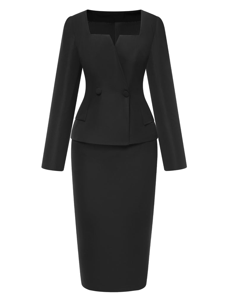 She pairs this 2PCS Black 1960s Solid Square Neck Top & Back-Slit Skirt with confidence and 1960s charm