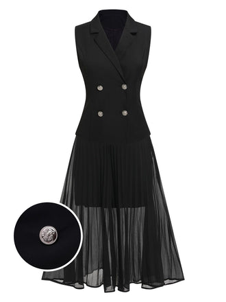 She pairs this 2PCS Black 1960s V-Neck Vest Top & Pleated Skirt with confidence and 1960s charm