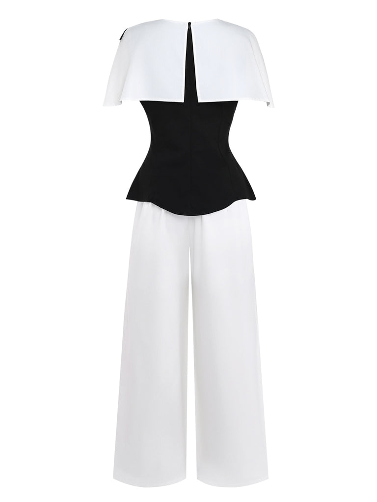 2PCS-Black-White-1950s-Cape-Collar-ColorBlock-Top-Pants-Back-View