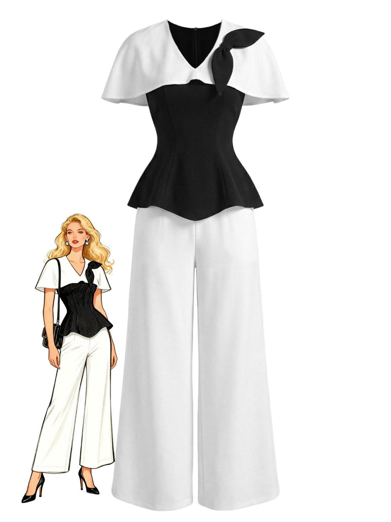 2PCS-Black-White-1950s-Cape-Collar-ColorBlock-Top-Pants-Model