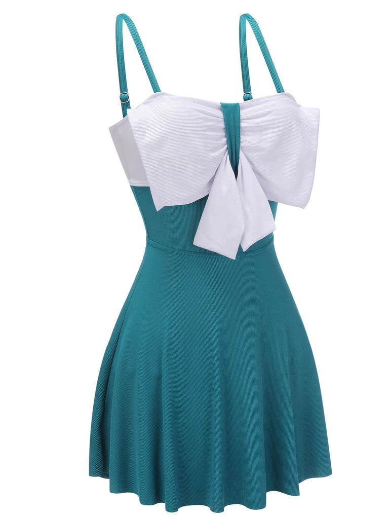 2PCS Blue 1930s Bow Strap Swimsuit & Skirt, vintage skirt, retro style - perfect for women who love vintage and retro fashion