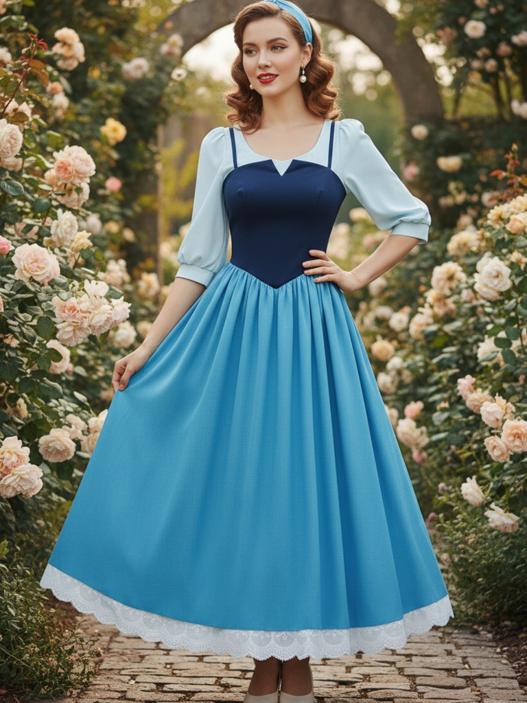 2PCS Blue 1940s Blouse & Colorblock Suspender Dress, vintage dress, retro fashion - vintage inspired fashion