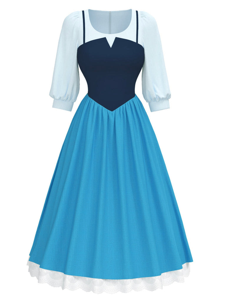 She slips into this 2PCS Blue 1940s Blouse & Colorblock Suspender Dress and suddenly it's a 1940s daydream