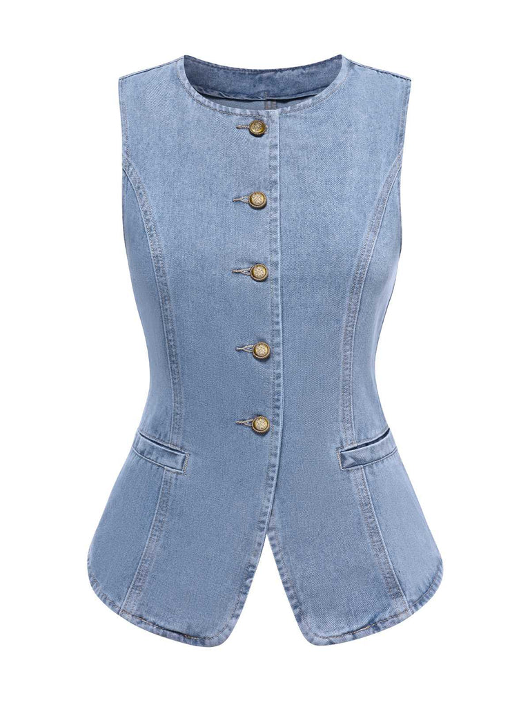 2PCS Blue 1940s Sleeveless Vest & Wide-Leg Denim Jeans — 1940s style for the woman going places