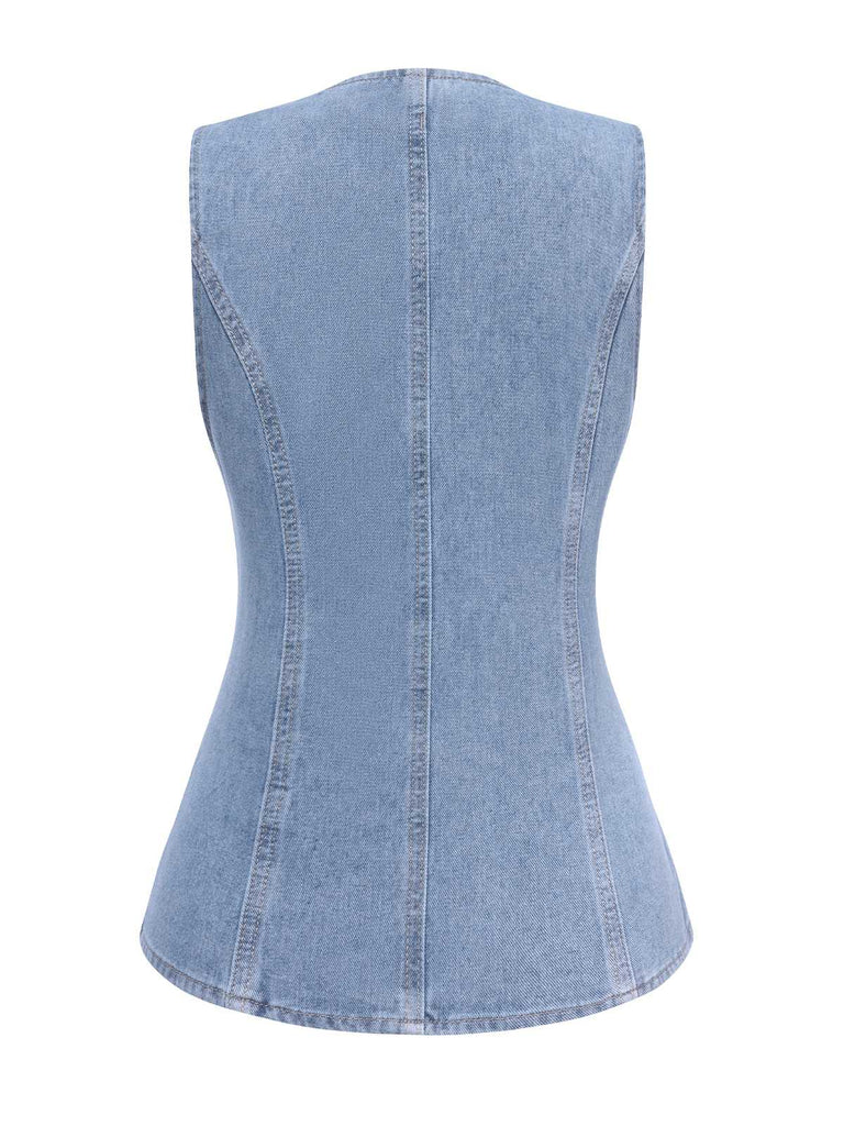 2PCS Blue 1940s Sleeveless Vest & Wide-Leg Denim Jeans — 1940s confidence tailored for her stride