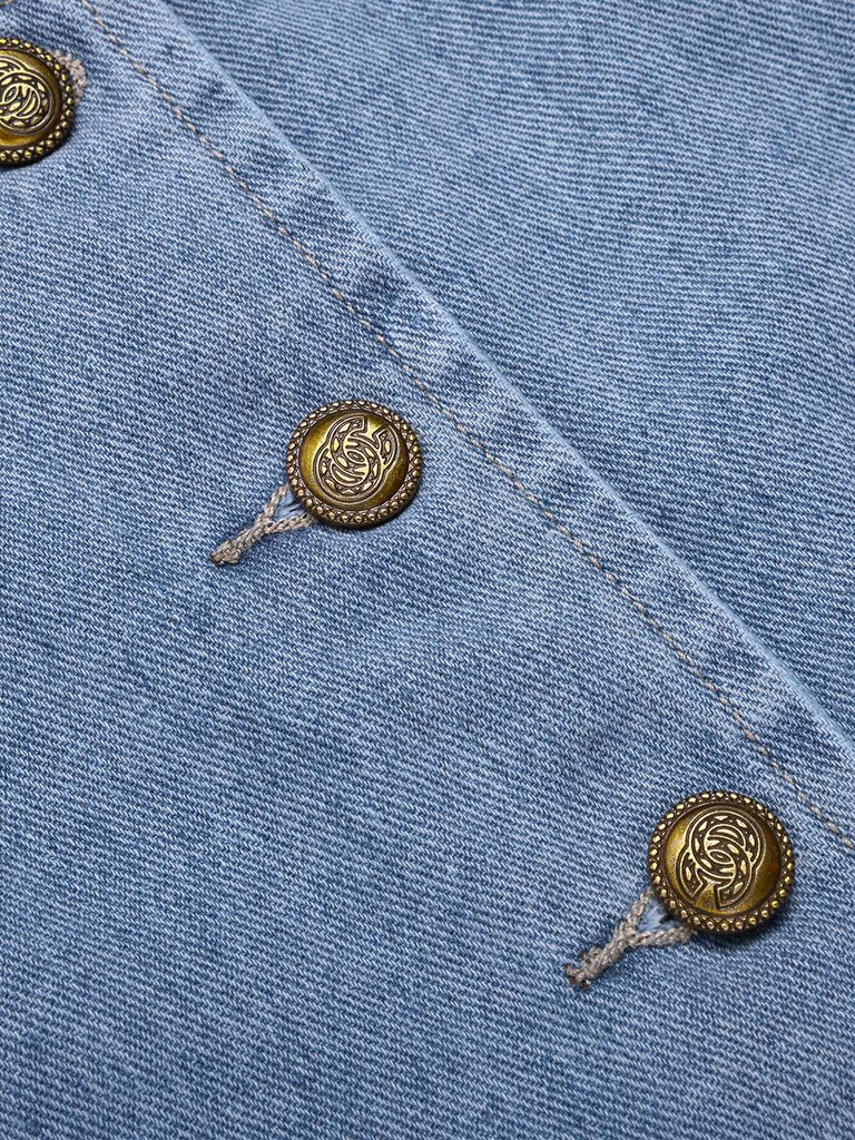 She walks in these 2PCS Blue 1940s Sleeveless Vest & Wide-Leg Denim Jeans and the world follows