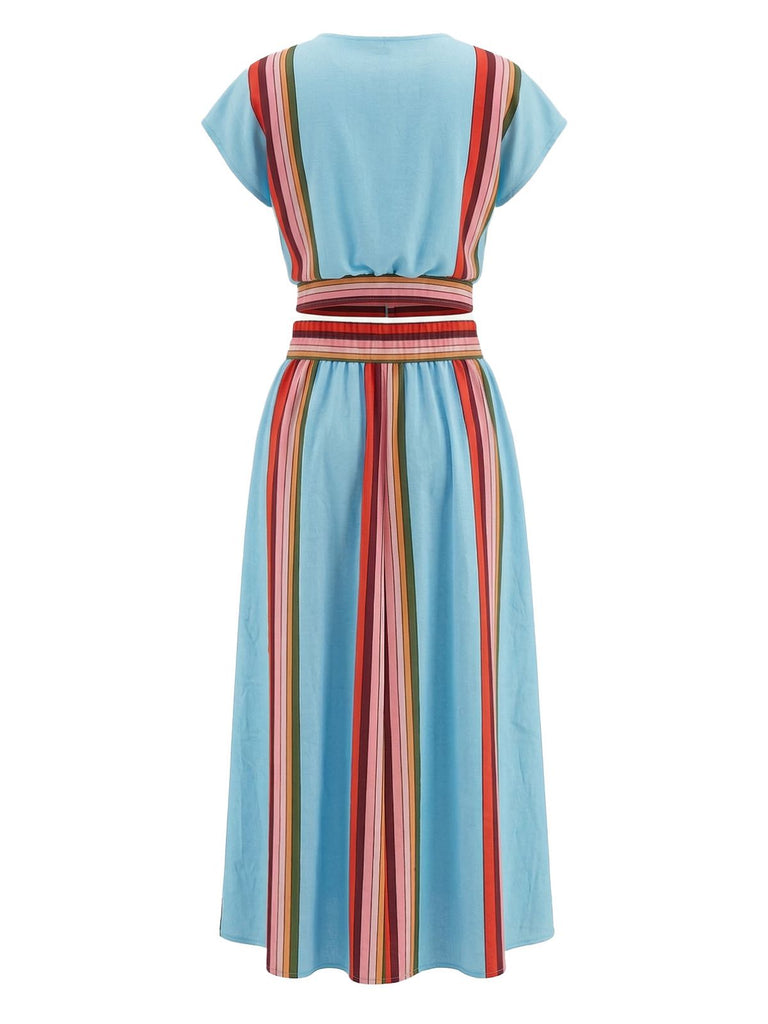 2PCS Blue 1940s Stripe V-Neck Top & Skirt, vintage skirt, retro style - perfect for women who love vintage and retro fashion